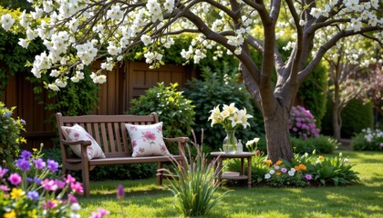 A calm garden corner with a wooden bench floral cushions and a vase of lilies placed on a side table under a blooming tree evoking peace tranquility and maternal warmth on a spring day