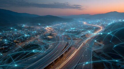 Urban highway network overlaid with glowing connection lines at twilight.