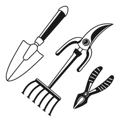 A collection of essential gardening tools including a trowel pruning shears hand rake and wire cutters on a black background