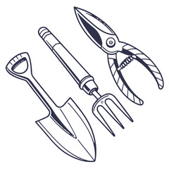 A simple line drawing illustration of gardening tools including a trowel hand fork and pruning shears against a black background