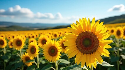 A field of sunflowers under a clear sky.