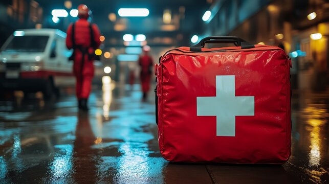A dedicated search and rescue team in red uniforms responds to an emergency scene, showcasing teamwork and urgency. Ideal for health, safety, and emergency services advertising.