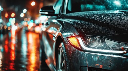 Sleek black car's front shield, glistening with raindrops. The vibrant city lights reflect off the surface, creating a dynamic urban atmosphere perfect for automotive services advertising.