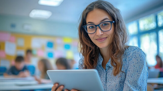 close up of teacher in glasses with tablet leading lesson in school classroom, technology in education, computer, students, college, lecture, university, professor, woman