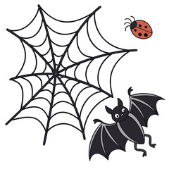 Cute cartoon bat and ladybug flying near a black spider web on a white background