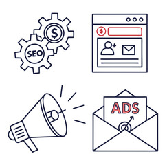 Fototapeta premium Digital marketing strategy icons featuring seo gears social media profile megaphone announcement and email advertising