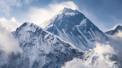 Obraz premium Snow-Capped Mountains Mirror in Clear Blue Sky and Lake: A Vivid Scene of Majestic Peaks Reflecting in Pristine Waters Under a Lively Azure Sky