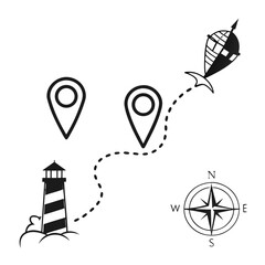 Illustrated nautical journey with a lighthouse destination pins compass rose and a dotted line route