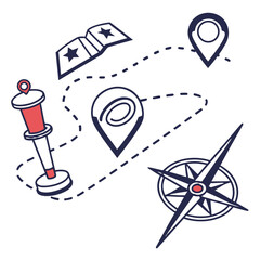 Hand drawn illustration of a travel map with pins compass and a stylized lantern on a black background