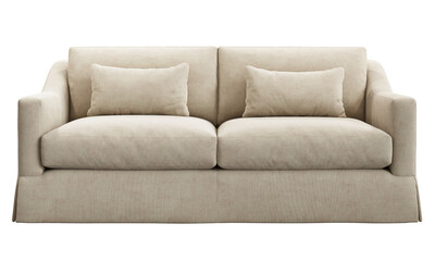 Classic beige corduroy fabric upholstery sofa with pillows. 3d render.