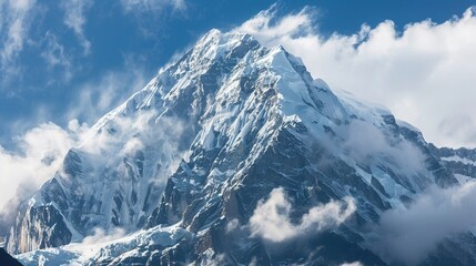 Fototapeta premium Snow-Capped Mountains Mirror in Clear Blue Sky and Lake: A Vivid Scene of Majestic Peaks Reflecting in Pristine Waters Under a Lively Azure Sky