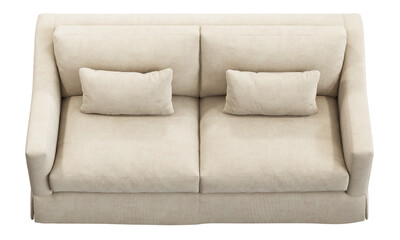Classic beige corduroy fabric upholstery sofa with pillows. 3d render.