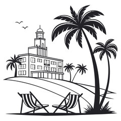 Serene beachside resort with palm trees lounge chairs and a historic building under a bird filled sky