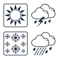 Set of four weather icons representing sunshine rain with lightning snowflakes and heavy rain with wind on a white background