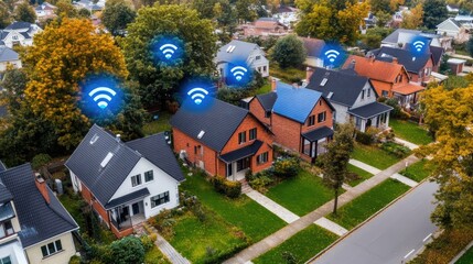Aerial view of suburban homes with visible Wi-Fi signals indicating wireless connectivity across the neighborhood in autumn