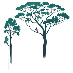 Silhouette of a person climbing a tall stylized tree against a dark background with another tree nearby