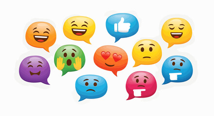 Naklejka premium Expressive emoji speech bubbles conveying joy, love, sadness, surprise, and other emotions for digital communication and social media