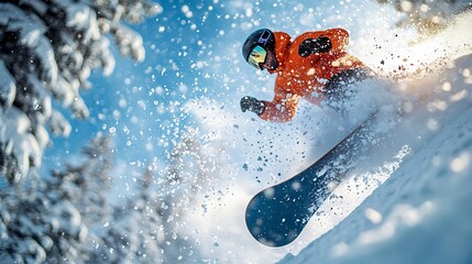 High energy close up of snowboarder mid jump shot 70 200mm f28 lens 11000s shutter speed ISO 800 1600 Snowflakes scatter sunlight athlete suspended mid air framed against clear blue winter sky