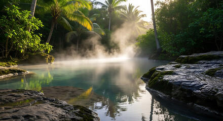 Misty jungle river with sunlit steam and lush greenery