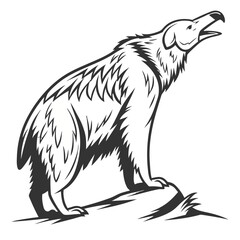 Stylized black wolf howling with a white abstract pattern on its side standing on a rock