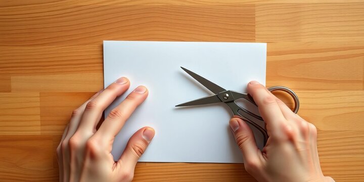 Precise cut of crisp white paper with scissors, hands visible,   blade,  design