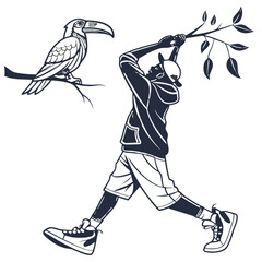 Stylized illustration of a young person in casual clothing reaching for a tree branch with a toucan perched nearby