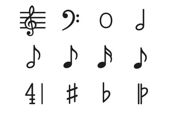 Musical symbols: notes, clefs, and accidentals displayed in simple black icons