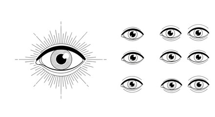 Fototapeta premium Mystical eye symbol with radiating lines and various eye illustrations, perfect for design and spiritual concepts, visually striking and memorable.