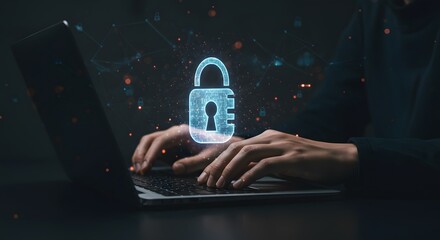 Cyber Security Specialist Working on Laptop with Lock