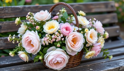 A rustic flower basket filled with pastel blooms like ranunculus peonies and lisianthus resting on a wooden bench with natural lighting