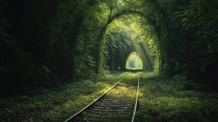 A forgotten, overgrown railway track disappearing into a dense green forest tunnel, dappled sunlight filtering through the leaves, a feeling of nostalgia and abandon.