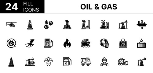 Collection of 24 Oil & Gas fill icons featuring editable strokes. These outline icons depict various modes of Oil & Gas, Gasoline, Fuel, Factory, Icon, Refinery, Industry, Fossil, Crude Oil, Power,