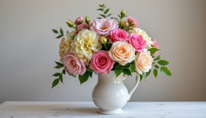 A floral arrangement in a white ceramic pitcher filled with hydrangeas and garden roses set against a neutral backdrop