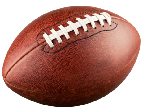  “Classic Brown American Football Ball with White Laces, isolated on a transparent background”.