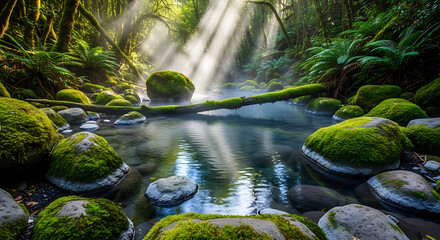 Sunbeams pierce a misty forest stream with mossy rocks