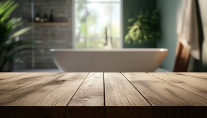 Wood Tabletop Creates A Stunning Visual Contrast Against A Blurry Bathroom Background, Making It The Focal Point Of The Layout.