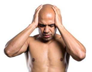 Bald Man Gripping Both Sides of Head in Pain, Tilted Head, Side View, Isolated Transparent Background PNG