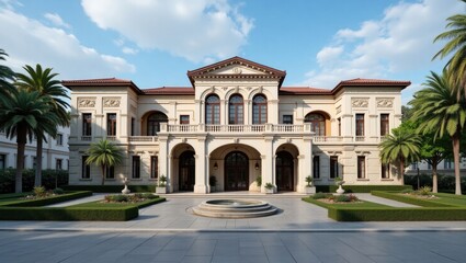 Elegant mansion facade with landscaping and fountain.