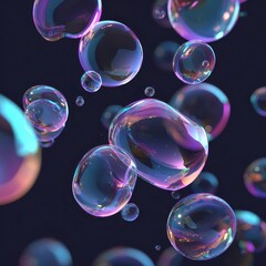 Naklejka premium Iridescent Bubbles Float in Dark Space, Abstract Background, Design Element