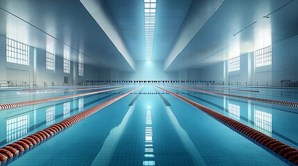 Wide angle view of empty Olympic swimming pool perfectly aligned lane rope captured during golden hour reflection water ultra wide lens 14 24mm f11 architectural symmetry polarizing filter reducing