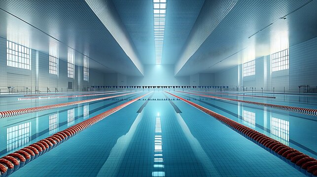 Wide angle view of empty Olympic swimming pool perfectly aligned lane rope captured during golden hour reflection water ultra wide lens 14 24mm f11 architectural symmetry polarizing filter reducing - Powered by Adobe