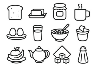 Breakfast icons: bread, butter, jam, coffee, eggs, milk, cereal, yogurt, fruit, tea, sugar, salt