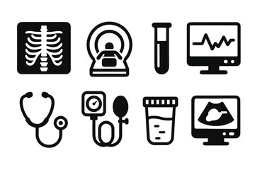 Medical icons: x-ray, mri, test tube, heartbeat, stethoscope, blood pressure, urine sample, ultrasound