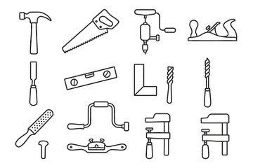 Collection of various hand tools including hammer, saw, drill, level, and chisel
