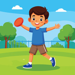 Fototapeta premium A young boy with brown hair and a blue shirt throws a red frisbee in a park.