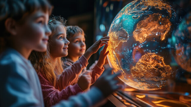 Group of schoolchildren in a science museum near an interactive globe, touching it, climate zones, warm and cold colors, children on a school excursion, kids studying geography, planet Earth, ecology 