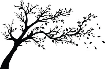 Black and white tree silhouette vector illustration with branches leaves and nature elements