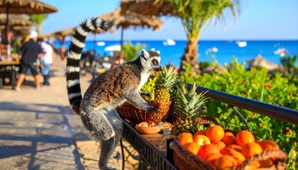 Obraz premium Ring-tailed lemur eats fruit by beach