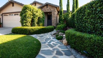 Well-maintained landscaping with stone pathway and hedges.