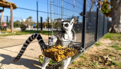Fototapeta premium Ring-tailed lemur holding basket of food